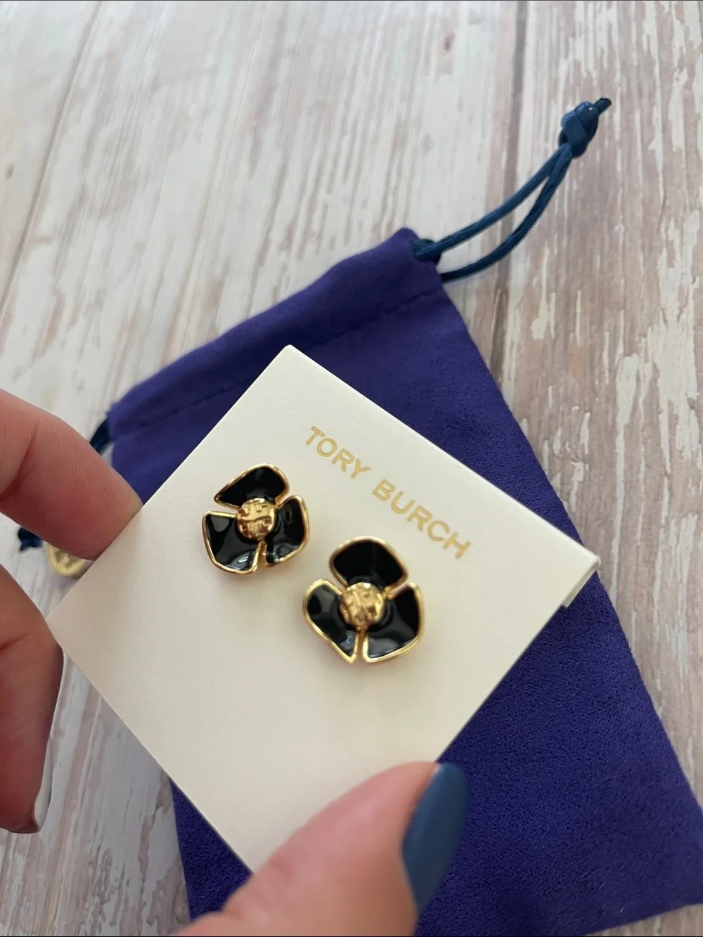 $235 New, Authentic Tory Burch Flower Black Enamel Gold TB Logo Stud Earrings